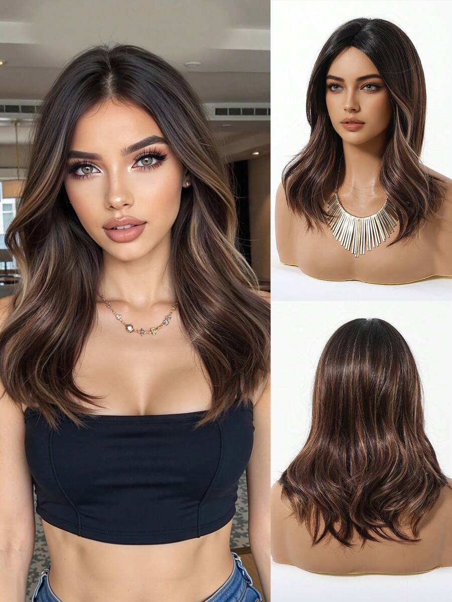 16 Inch Ombre Brown Synthetic Wig with Bangs – Body Wave Hair Wig for Women
