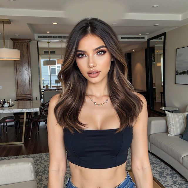 16 Inch Ombre Brown Synthetic Wig with Bangs – Body Wave Hair Wig for Women