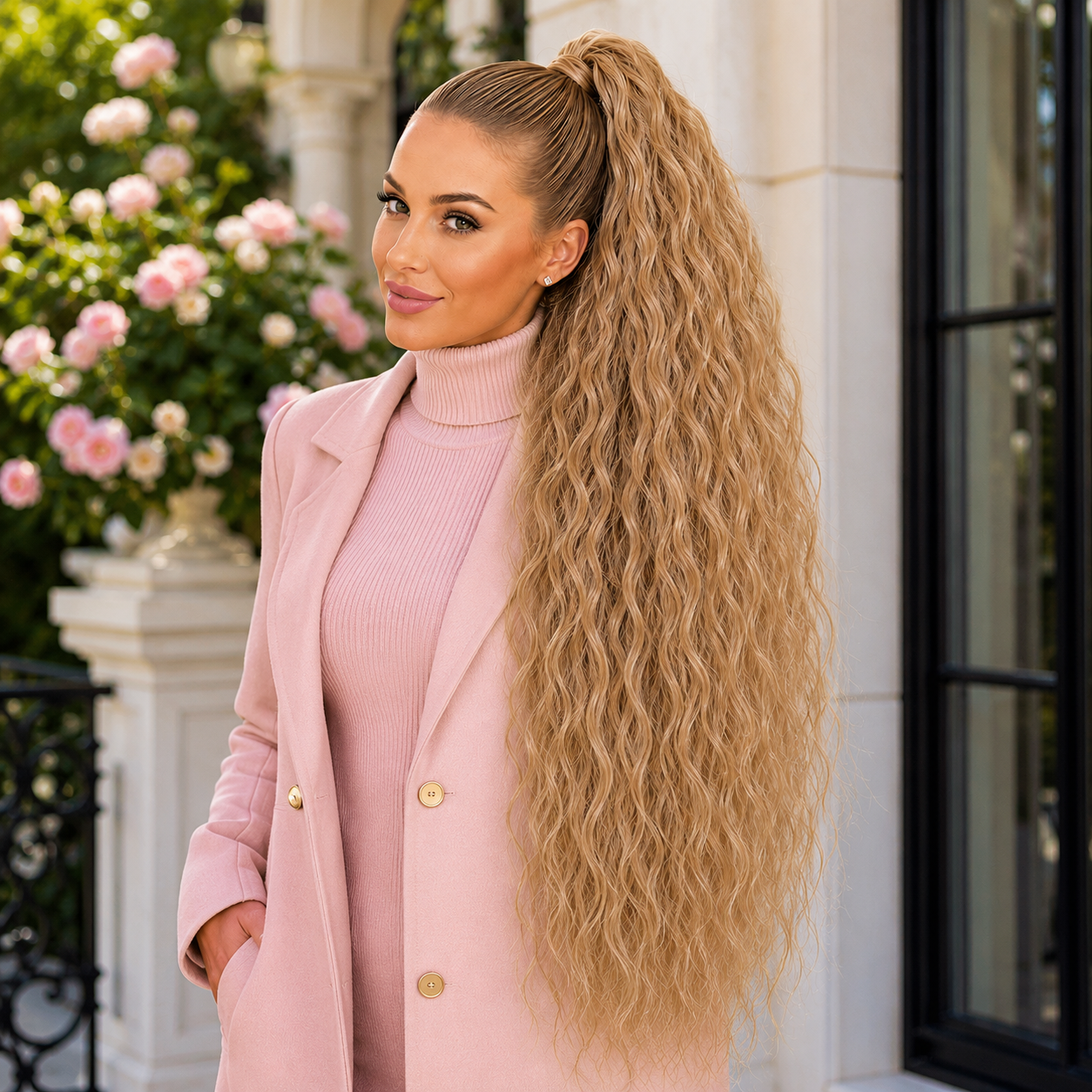 Long Blonde Drawstring Afro Wavy Ponytail Hair Extension – Synthetic