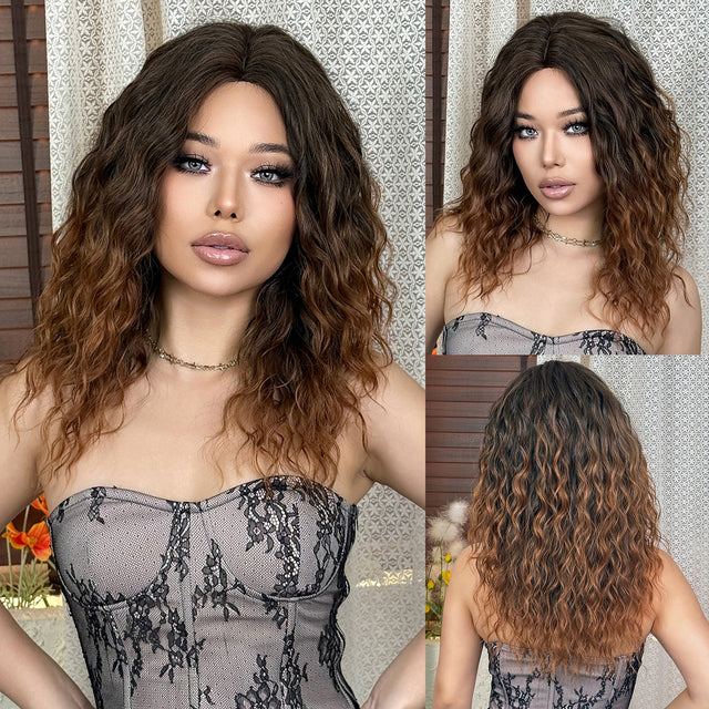 Brown Ombre Medium Curly Synthetic Wig – Heat Resistant Middle Part Wavy Hair for Women