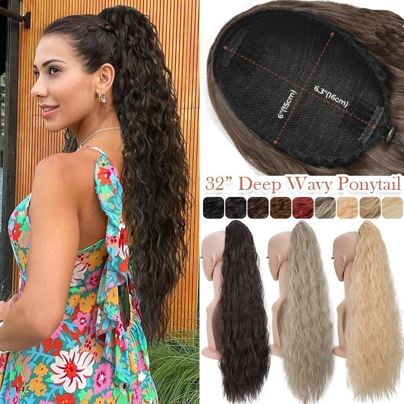Long Black Afro Thick Wavy Drawstring Ponytail – Natural Human-Like Synthetic Hair Extension for Women