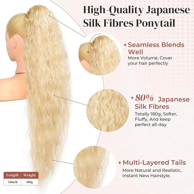 Long Black Afro Thick Wavy Drawstring Ponytail – Natural Human-Like Synthetic Hair Extension for Women