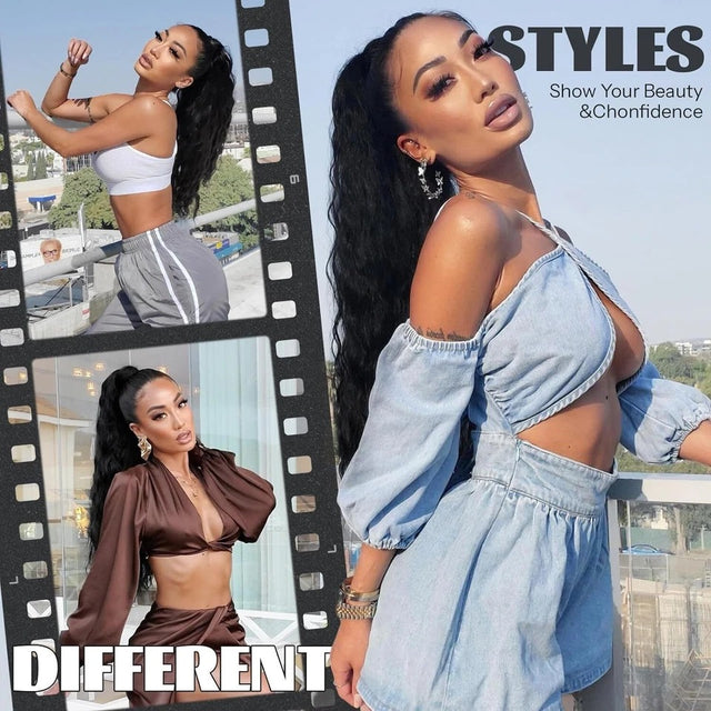 Long Black Afro Thick Wavy Drawstring Ponytail – Natural Human-Like Synthetic Hair Extension for Women