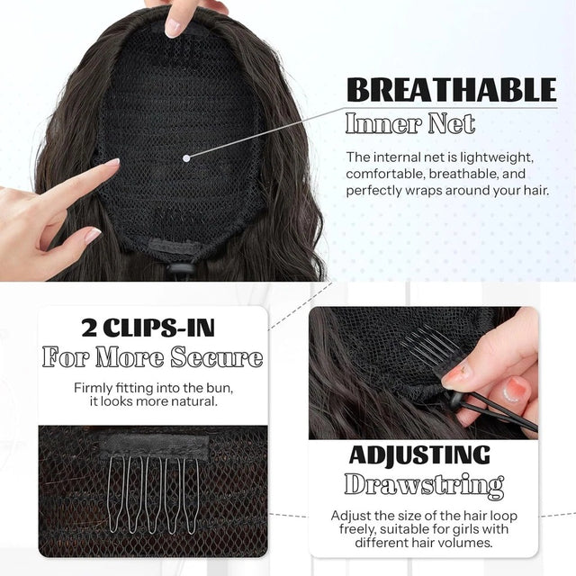 Long Black Afro Thick Wavy Drawstring Ponytail – Natural Human-Like Synthetic Hair Extension for Women