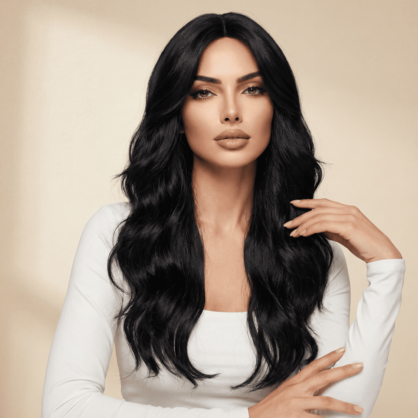 Long Black Wavy Synthetic Wig – No‑Lace Full Head Cover