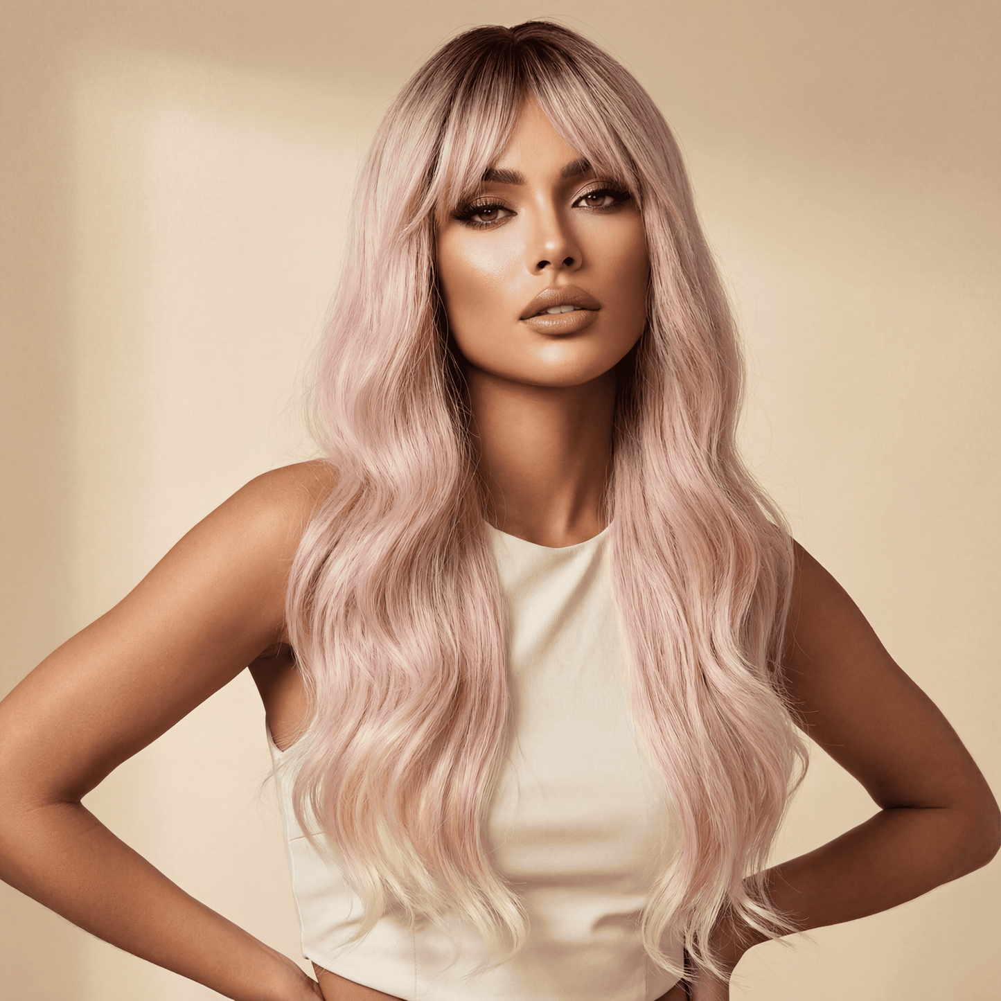 Long Ombre Light Pink Wavy Synthetic Wig with Bangs ( No‑Lace )