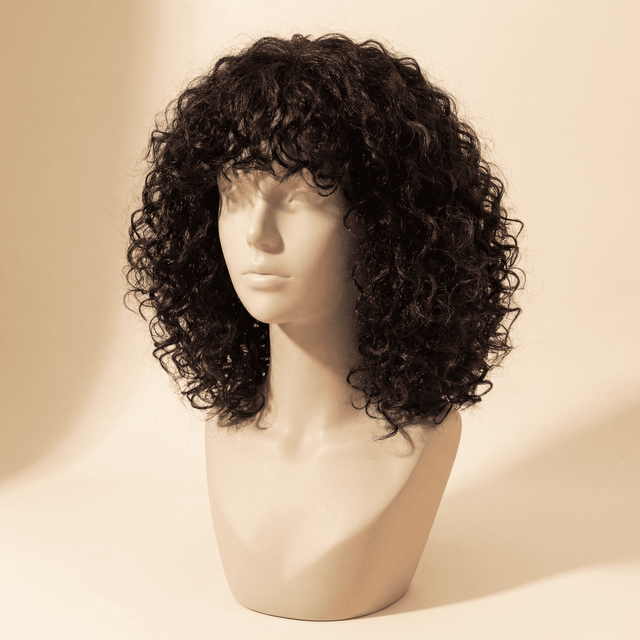 12‑Inch Black Brown Curly Synthetic Wig with Bangs – No‑Lace