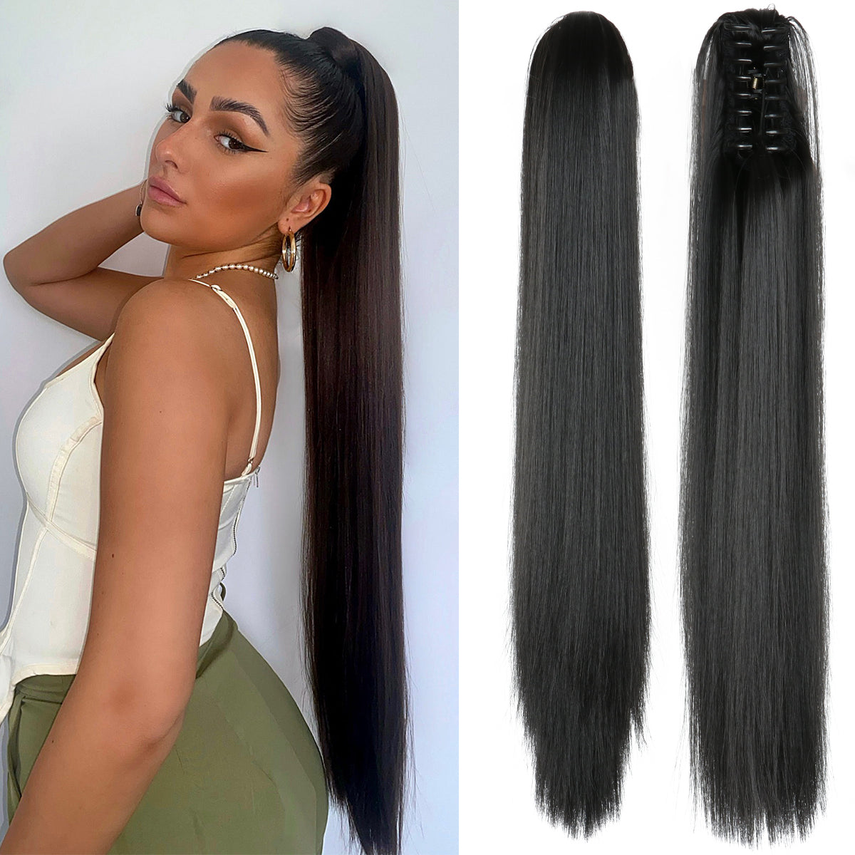 Long Straight Blonde Claw Clip Ponytail – Heat Resistant Synthetic Natural Wave Hair Extension