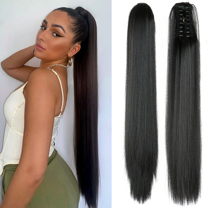 Long Straight Blonde Claw Clip Ponytail – Heat Resistant Synthetic Natural Wave Hair Extension