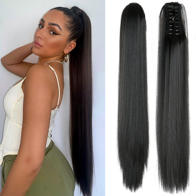 Long Straight Blonde Claw Clip Ponytail – Heat Resistant Synthetic Natural Wave Hair Extension