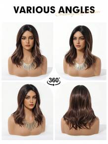 16 Inch Ombre Brown Synthetic Wig with Bangs – Body Wave Hair Wig for Women