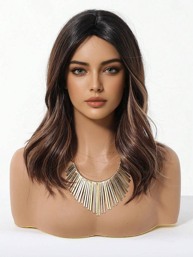 16 Inch Ombre Brown Synthetic Wig with Bangs – Body Wave Hair Wig for Women