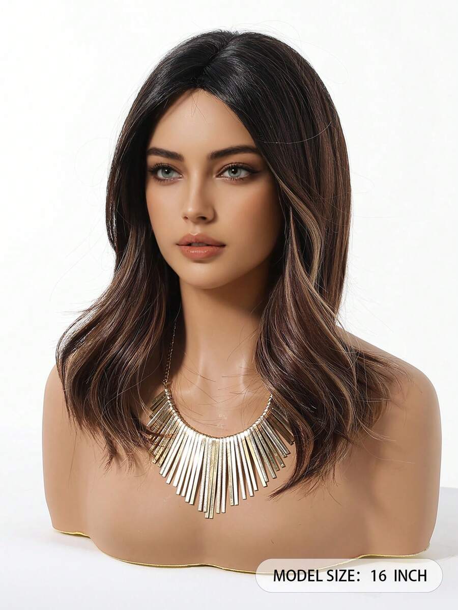 16 Inch Ombre Brown Synthetic Wig with Bangs – Body Wave Hair Wig for Women