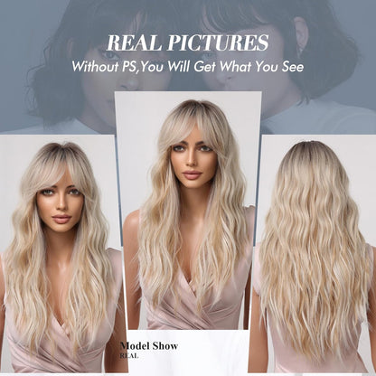 Platinum Blonde Curly Synthetic Wig with Bangs – Dark Roots