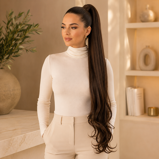 Long Layered Wrap-Around Ponytail Extension – Dark Brown Synthetic Hairpiece