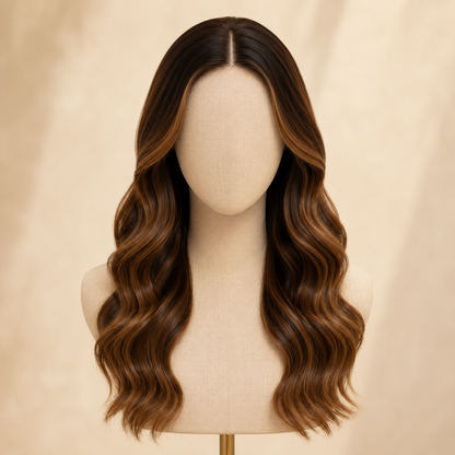 20 Inch Dark Root Ombre Brown Body Wave Synthetic Wig with Bangs