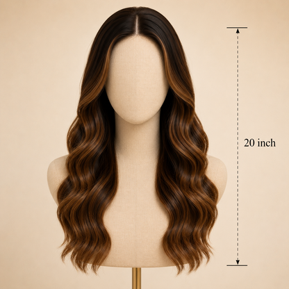 20 Inch Dark Root Ombre Brown Body Wave Synthetic Wig with Bangs