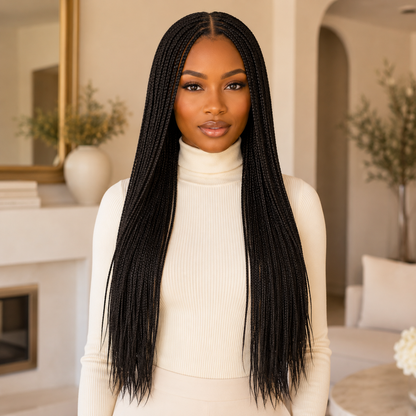 Long Black Braided Lace Wig – Synthetic Fake Scalp Wig