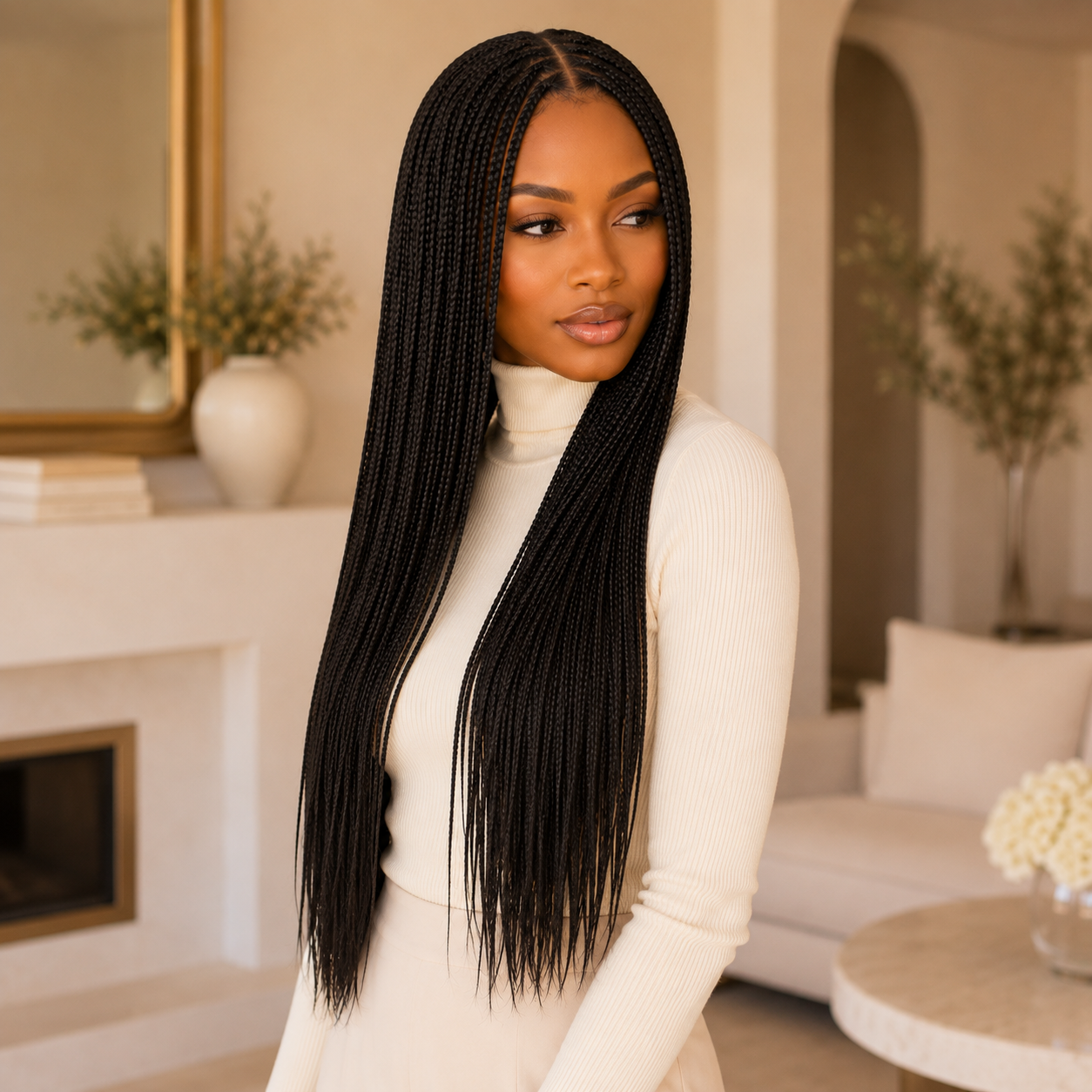 Long Black Braided Lace Wig – Synthetic Fake Scalp Wig