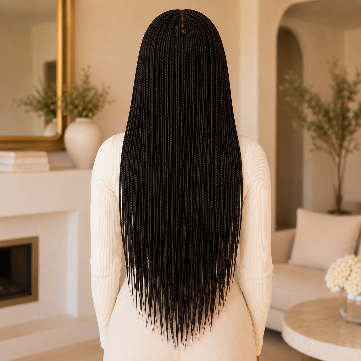 Long Black Braided Lace Wig – Synthetic Fake Scalp Wig