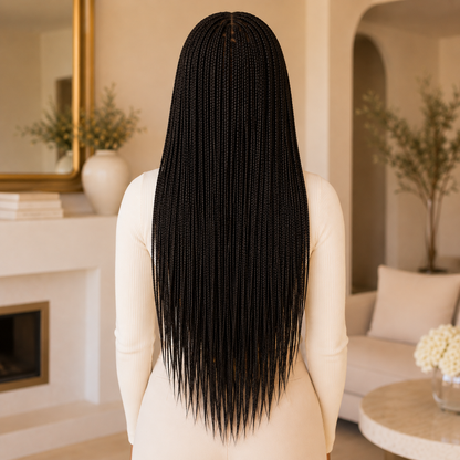 Long Black Braided Lace Wig – Synthetic Fake Scalp Wig
