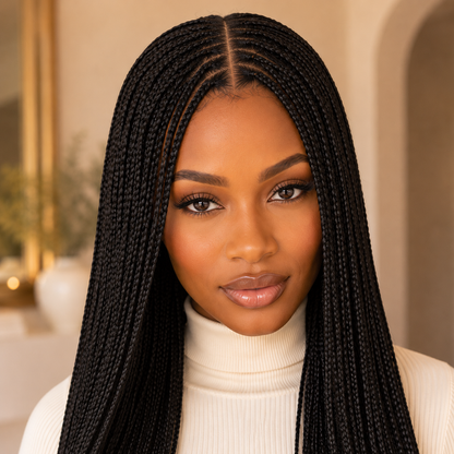 Long Black Braided Lace Wig – Synthetic Fake Scalp Wig