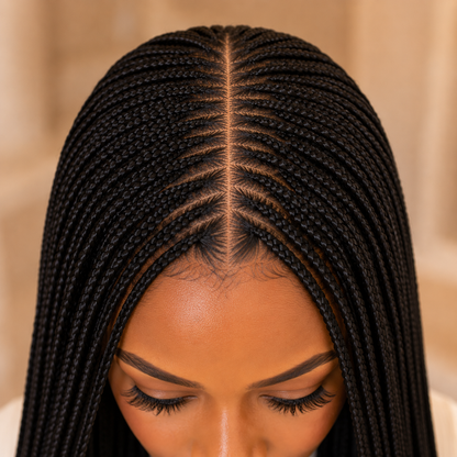 Long Black Braided Lace Wig – Synthetic Fake Scalp Wig