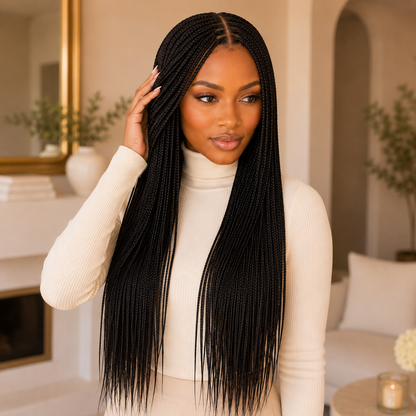 Long Black Braided Lace Wig – Synthetic Fake Scalp Wig