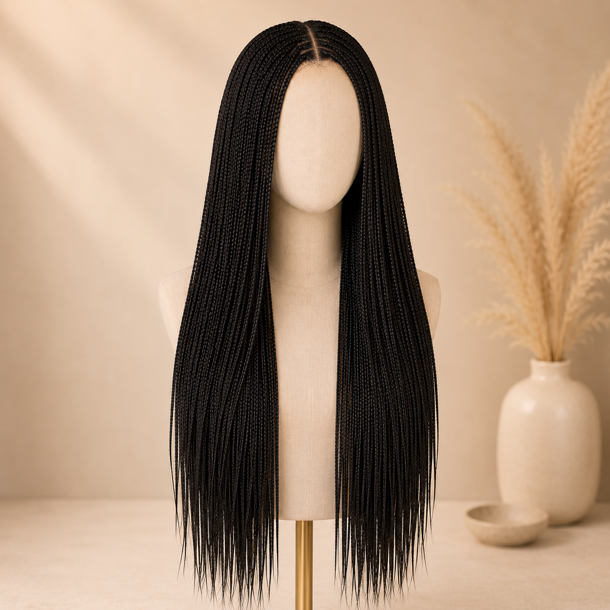 Long Black Braided Lace Wig – Synthetic Fake Scalp Wig