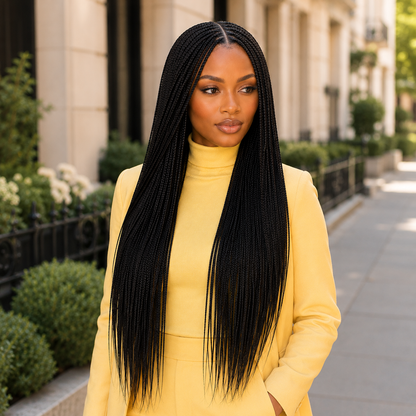 Long Black Braided Lace Wig – Synthetic Fake Scalp Wig