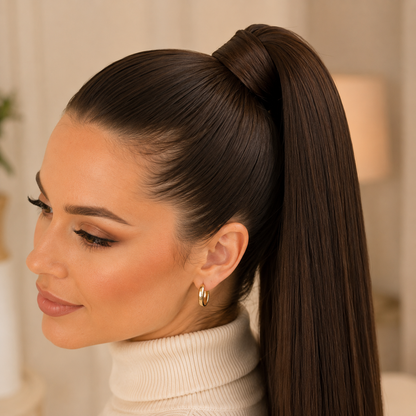 Long Layered Wrap-Around Ponytail Extension – Dark Brown Synthetic Hairpiece