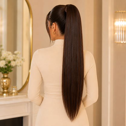 Long Straight Claw Clip Ponytail Extension – Dark Brown Synthetic Hairpiece