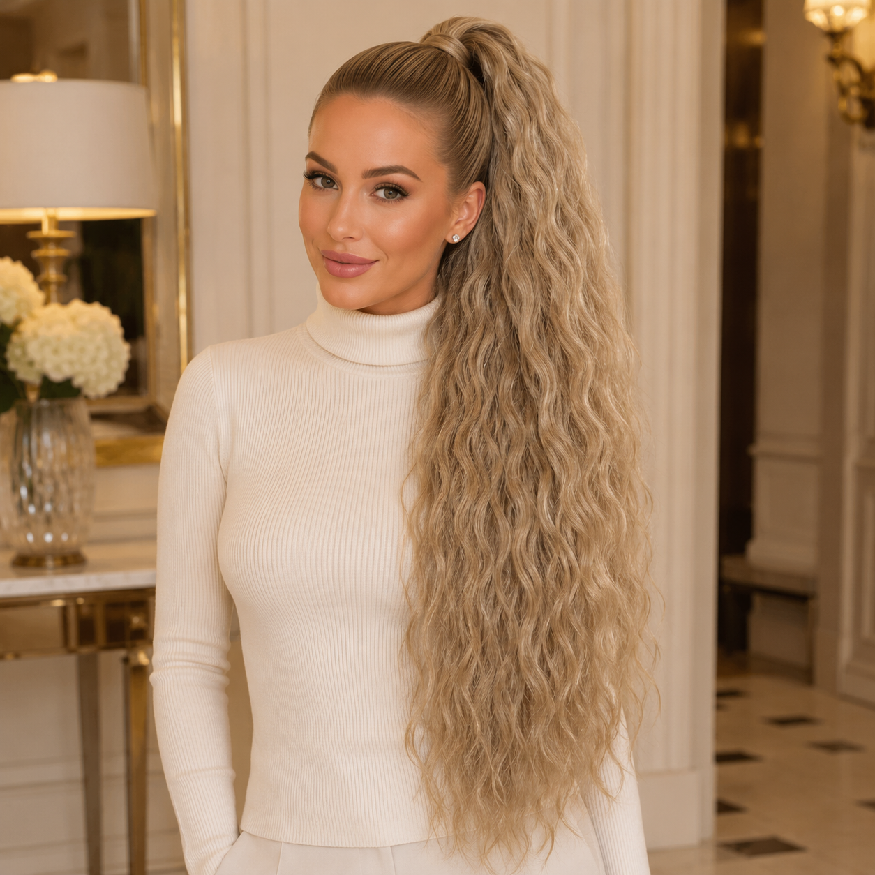 Long Blonde Drawstring Afro Wavy Ponytail Hair Extension – Synthetic