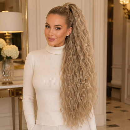 Long Blonde Drawstring Afro Wavy Ponytail Hair Extension – Synthetic