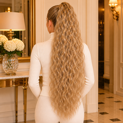Long Blonde Drawstring Afro Wavy Ponytail Hair Extension – Synthetic