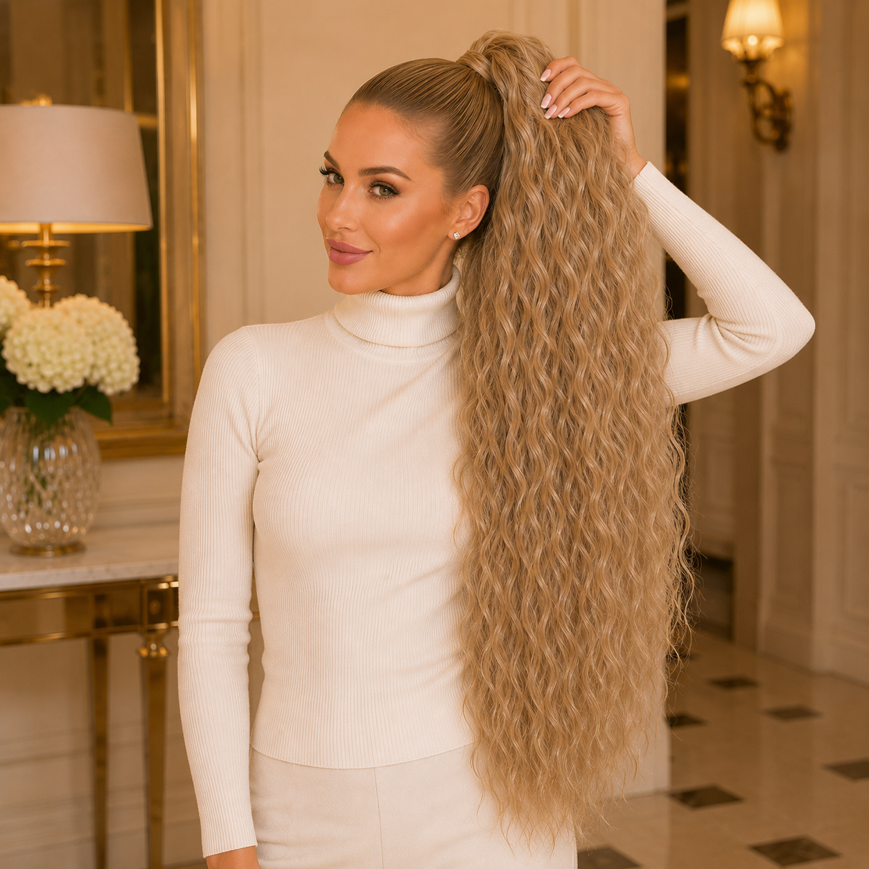 Long Blonde Drawstring Afro Wavy Ponytail Hair Extension – Synthetic