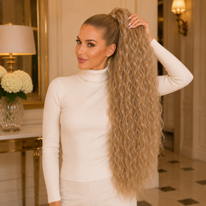Long Blonde Drawstring Afro Wavy Ponytail Hair Extension – Synthetic
