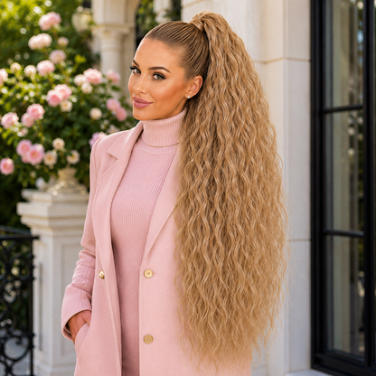 Long Blonde Drawstring Afro Wavy Ponytail Hair Extension – Synthetic