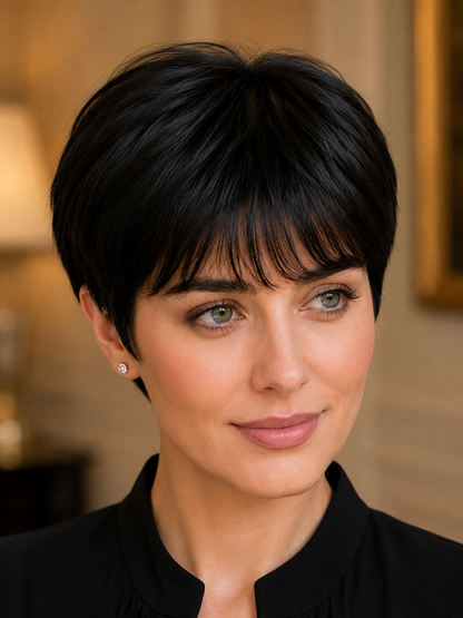 Straight Pixie Cut Human Hair Wig with Bangs – Natural Black