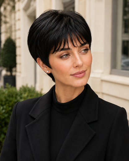 Straight Pixie Cut Human Hair Wig with Bangs – Natural Black