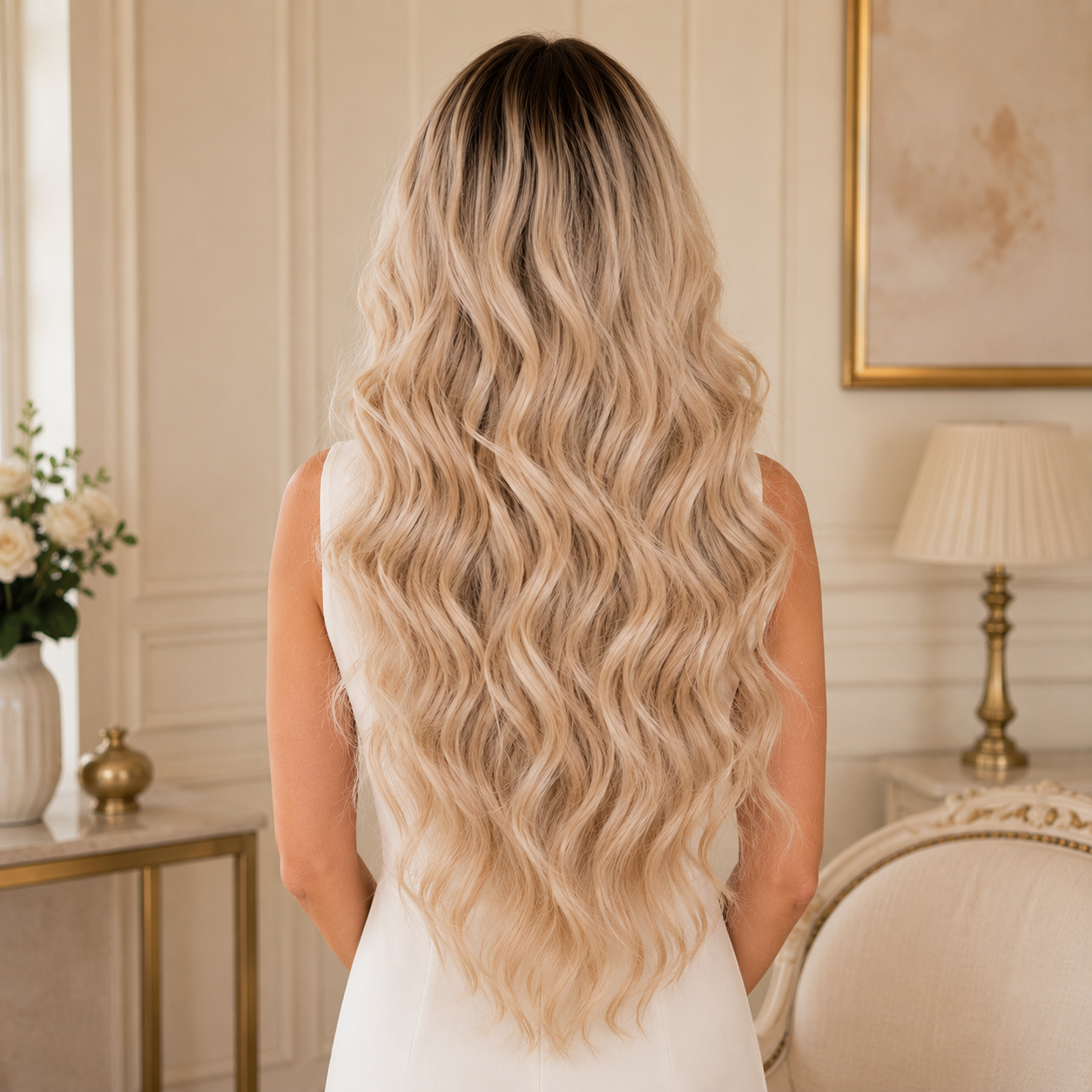 Blonde Wavy Synthetic Lace Wig – Dark Root Ombre