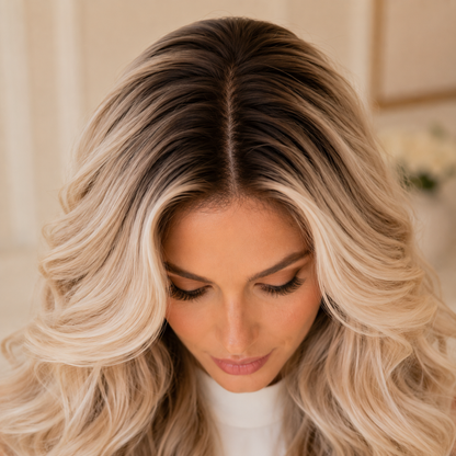 Blonde Wavy Synthetic Lace Wig – Dark Root Ombre