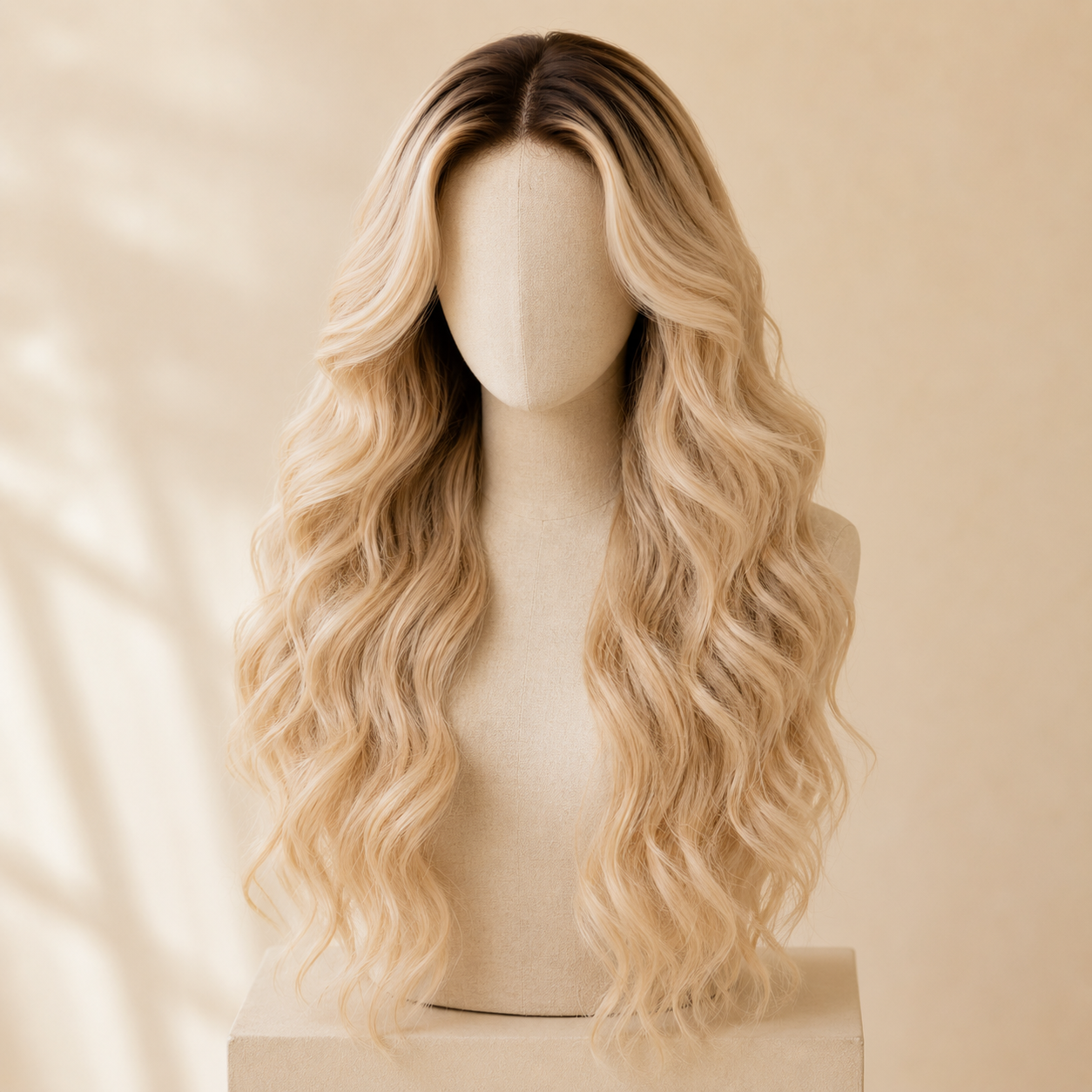 Blonde Wavy Synthetic Lace Wig – Dark Root Ombre