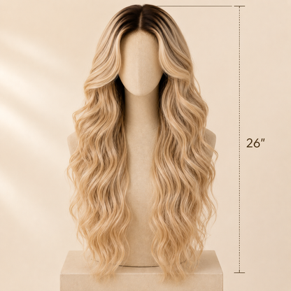 Blonde Wavy Synthetic Lace Wig – Dark Root Ombre