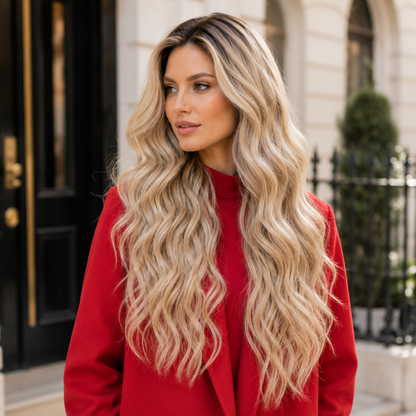 Blonde Wavy Synthetic Lace Wig – Dark Root Ombre