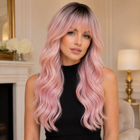 Long Ombre Light Pink Wavy Synthetic Wig with Bangs – Heat-Resistant Cosplay Wig
