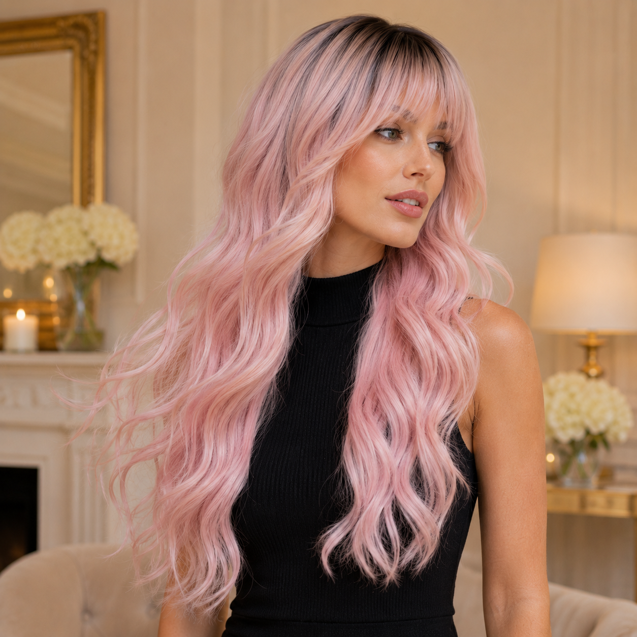 Long Ombre Light Pink Wavy Synthetic Wig with Bangs – Heat-Resistant Cosplay Wig