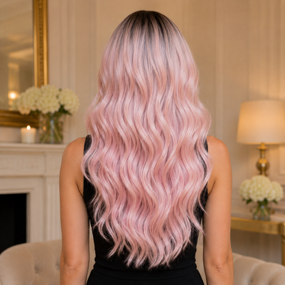 Long Ombre Light Pink Wavy Synthetic Wig with Bangs – Heat-Resistant Cosplay Wig
