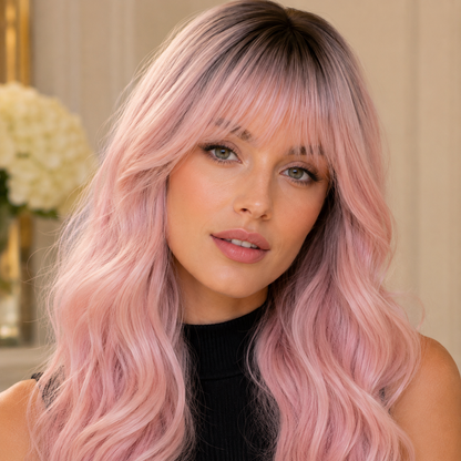 Long Ombre Light Pink Wavy Synthetic Wig with Bangs – Heat-Resistant Cosplay Wig