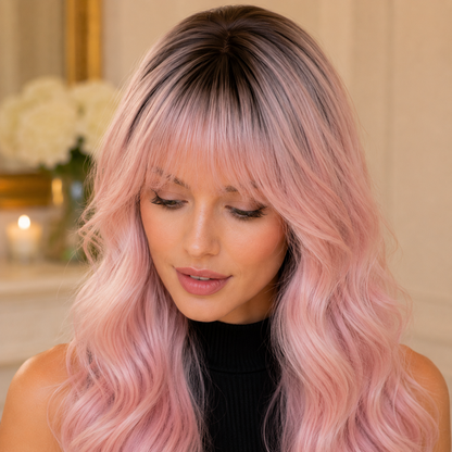 Long Ombre Light Pink Wavy Synthetic Wig with Bangs – Heat-Resistant Cosplay Wig